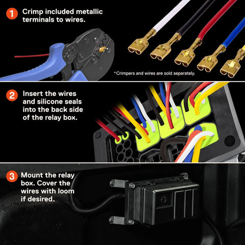 Steps to install 12V Auto Waterproof Fuse And Relay Box Kit With 6 Bosch Style 5 Pin Relays, wires and terminals visible.
