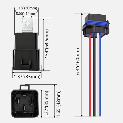 Dimensions and components of All-Weather 12V 40A Relay Kit With 4 Pin SPST, Heavy Duty Harness And Tinned Copper Wiring For Auto Marine Boat