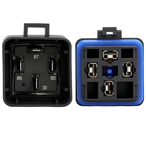 All-Weather 12V 40A Relay Kit With 4 Pin SPST, Heavy Duty Harness And Tinned Copper Wiring, shown front and back view