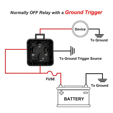 Diagram of All-Weather 12V 40A Relay Kit With 4 Pin SPST, showing wiring connections for auto marine battery and device.