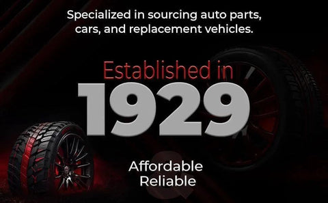 Stylized image featuring "Established in 1929" with car tires, emphasizing auto parts sourcing and vehicle replacement services.
