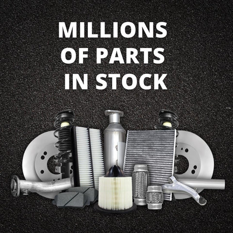 Automotive parts and filters displayed with text 'Millions of Parts in Stock' against a black textured background.