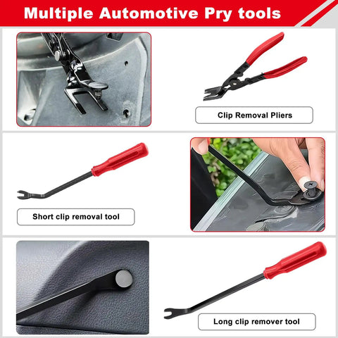 3 Piece Clip Remover Tool Set For Auto Trim And Fastener Removal, Pry Tool Kit For Car Door Panels And Dashboard in use and display.