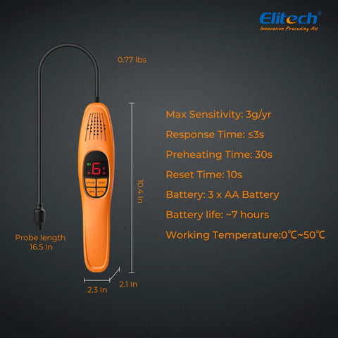 Elitech LD-100+ refrigerant leak detector, orange handheld Freon sniffer with digital display and probe