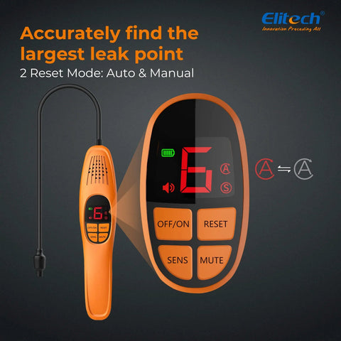 Elitech refrigerant leak detector set: orange handheld wand and display unit