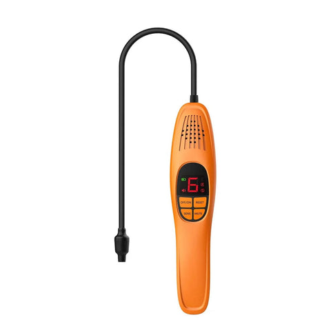 Elitech LD-100+ refrigerant leak detector, handheld orange Freon sniffer with digital display and probe.