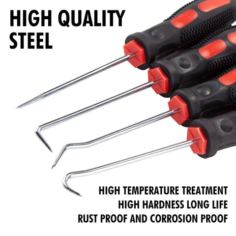 Precision 4 Piece Pick and Hook Set for Auto Repair, Workhorse, All Metal CR V Steel Core, Ergonomic Rubber Grip shown in image