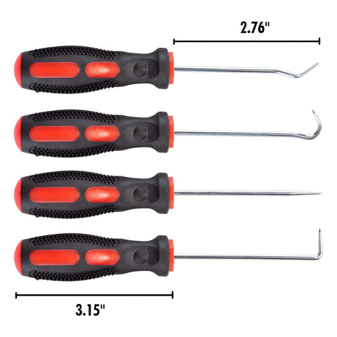 Precision 4 Piece Pick and Hook Set for Auto Repair, Workhorse, Includes Scratch Awl, 90 Degree Hook, Complex Hook; rubber grips