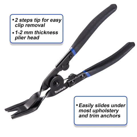Universal Auto Trim Clip Removal Pliers For Car Doors And Interior Panels By Toolwiz Pro Grade Safe For Dash And Radio Installers No Scratch Fastener Tool For Upholstery Clips For Pros And DIYers, black handle with 1-2 mm head