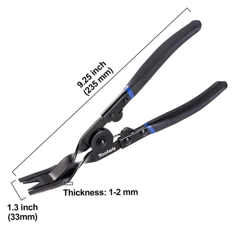 Universal Auto Trim Clip Removal Pliers For Car Doors And Interior Panels By Toolwiz Pro Grade Safe For Dash And Radio Installers No Scratch Fastener Tool For Upholstery Clips For Pros And DIYers shown in side view with 9.25 inch length and 1-2 mm thickness.