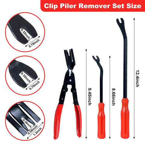 Must Have 7 Piece Auto Trim Removal Tool Set With Plastic Pry Tools And Pliers For Fastener Clip Removal From Door Panels Dashboards Body Trim And Upholstery Car Repair Kit showing clip pliers and two fastener removers with dimensions