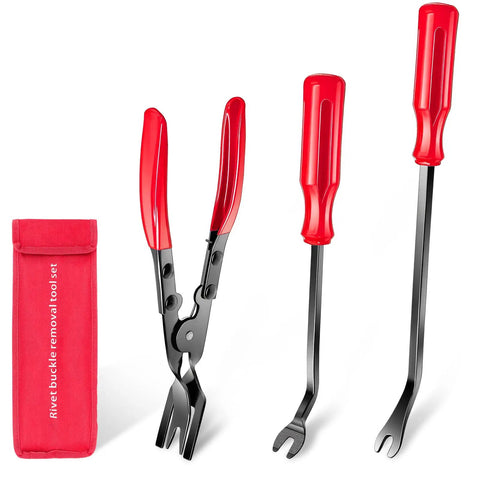 3 Piece Clip Remover Tool Set For Auto Trim And Fastener Removal, Pry Tool Kit For Car Door Panels And Dashboard with red tools and bag