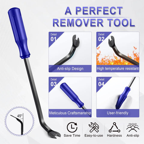 Diagram of 5 Piece Auto Trim Removal Tool Kit From LivTee For Interior Dash Panels Door Panels And Clips No Scratch Plastic Pry Tools Blue Color, showing tool design features such as anti-slip handle and high temperature resistance.
