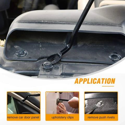 Close-up of 8 Piece Auto Trim Removal Tool Kit in use for car interior dash panels, window molding, fasteners. Nylon durable impact resistant.