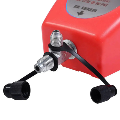 Close-up of Auto Operated Vacuum Pump for Car Air Conditioning System, showing connection ports, part AT4280, lightweight, R134A/R12 compatible