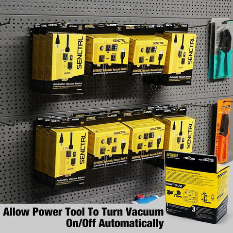 SENCTRL automatic vacuum switch boxes for dust collection, yellow packaging on pegboard display; multiple units.