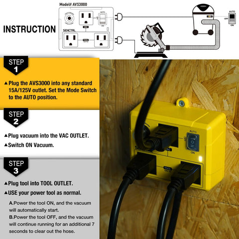 Yellow SENCTRL automatic vacuum switch for power tools, mounted on plywood with VAC and TOOL outlets