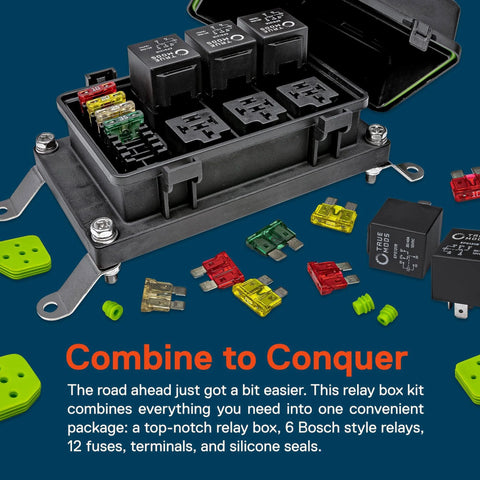 12V Auto Waterproof Fuse And Relay Box Kit with 6 Bosch style 5 pin relays, ATC ATO holders, fuses, terminals in rugged wiring bundle