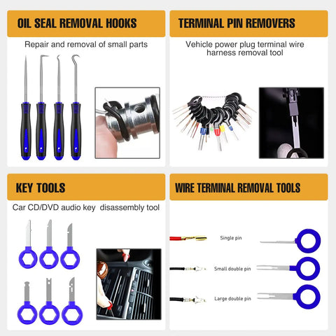 Comprehensive 238 Piece Trim Removal Tool Kit With Auto Push Pin Bumper Retainer Clips And Panel Pry Tools display of various removal tools