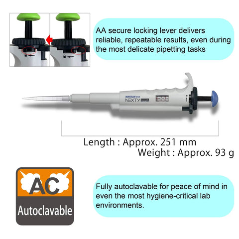 Autoclavable Micropipette for 100 to 1000 Microliters Range With Adjustable Volume and Triple Speed Turbo Dial, Made in Kobe, Japan By NEXTY