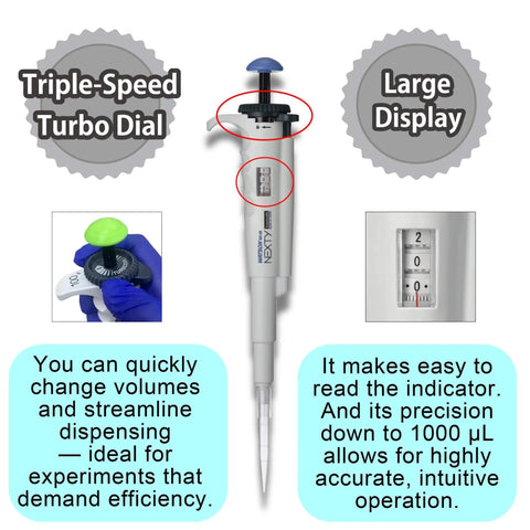 Autoclavable Micropipette for 100 to 1000 Microliters Range With Adjustable Volume and Triple Speed Turbo Dial, ISO 8655