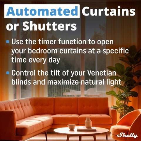 Automated curtains and shutters with timer function beside orange sofa and coffee table, promoting home automation.