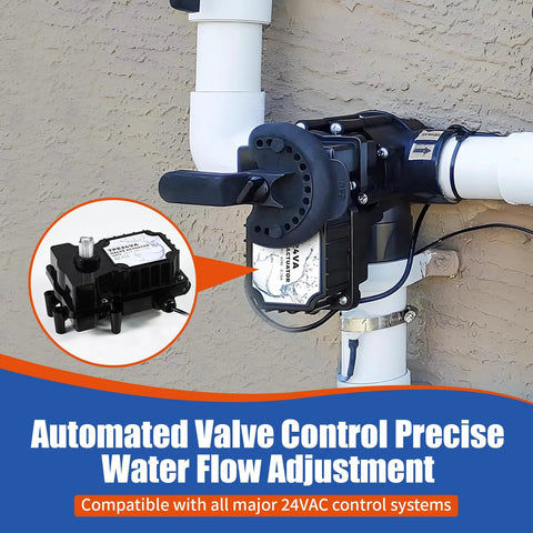 24-volt pool valve actuator with black plastic housing mounted on PVC piping for pool and spa control.