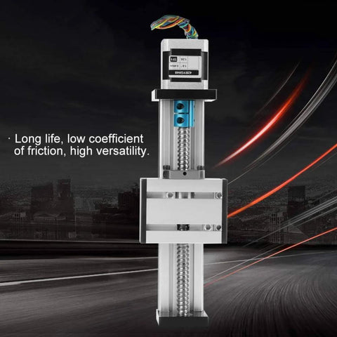 Automatic ball screw linear CNC slide table with stepper motor, 100mm stroke aluminum actuator stage against dark background