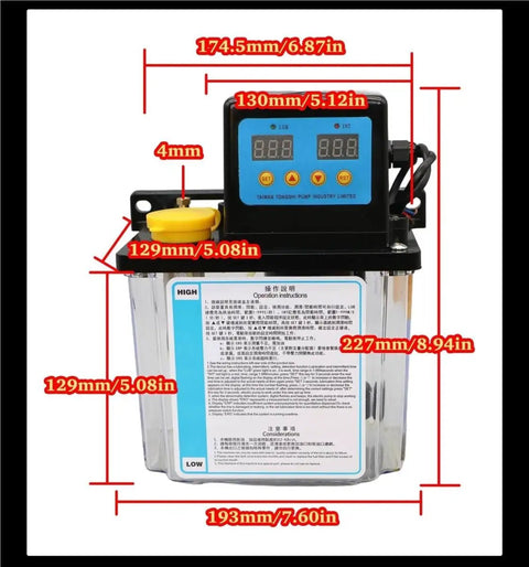Front view of Beefed Up Automatic CNC Lubrication Pump System Kit with measurements, clear 2L tank, 4mm fittings, and digital control panel.