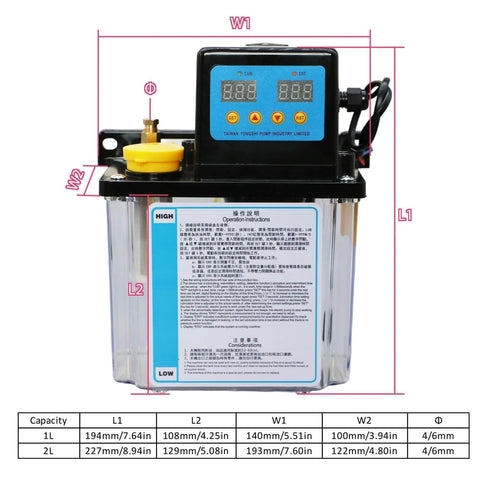 Automatic CNC Lubrication Pump System Kit for CNC Machine Tools showing display, controls, and size dimensions. 1L or 2L tank, dual voltage AC110V AC220V.