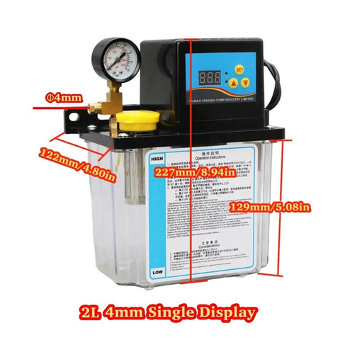 Automatic CNC Lubrication Pump 2L Electro Magnetic Oil Lubricator with AC110V operation, showing dimensions and control panel
