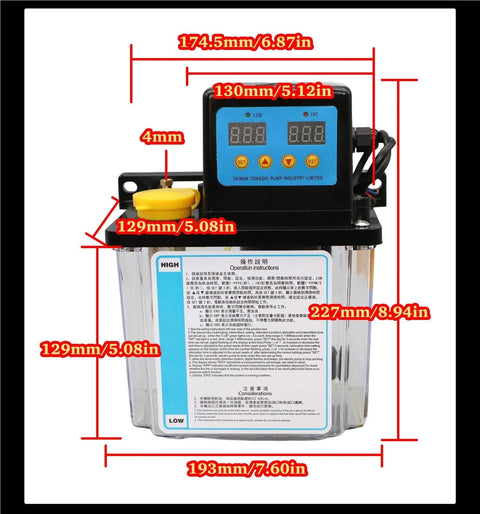 Automatic CNC Lubrication Pump System Kit front view with measuring dimensions, dual voltage, and 1L tank for CNC machine tools lathe.