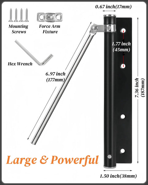 Automatic Door Closer for Home Easy to Install | Safety Spring Door Closers | Auto Soft Close to Convert Hinged Doors to Auto Self Closing | Adjustable Catch Speed | with Arm, Screw, Wrench shown with components and dimensions