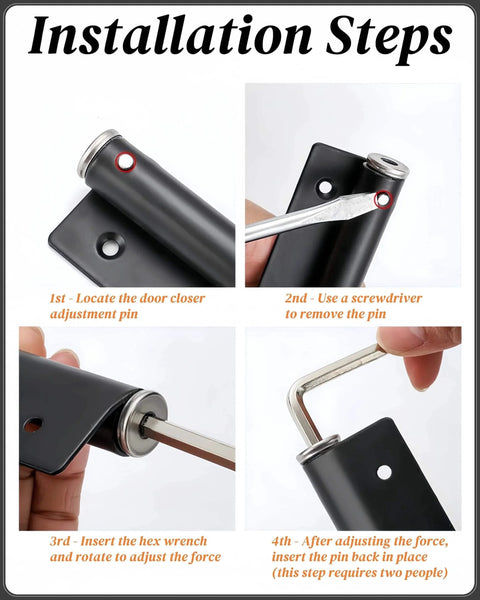 Automatic Door Closer for Home Easy to Install | Safety Spring Door Closers | Auto Soft Close to Convert Hinged Doors to Auto Self Closing | Adjustable Catch Speed | with Arm, Screw, Wrench installation steps