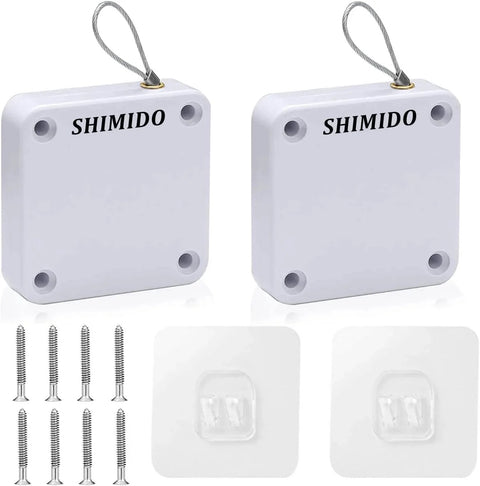 Punch-Free 1000g Automatic Screen Door Closer in white with steel drawstring, screws, and adhesive pads shown, 2 Pack.