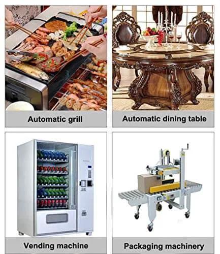 Collage of four products: automatic grill, ornate dining table, snack vending machine, and packaging machinery.