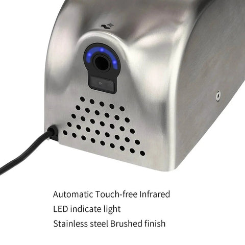 Close-up of Seonsing Automatic Commercial Hand Dryer Heavy Duty Compact High Speed 224 Mph Restroom With Hygiene Filter Low Noise