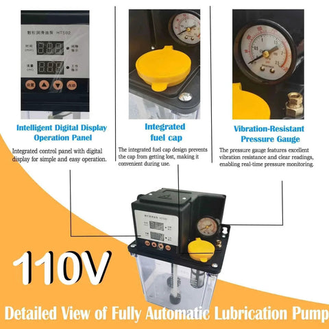 Image of 2L 110V Automatic Lubrication Pump with Dual Digital Display Gear Oiler features, including operation panel, fuel cap, and gauge.