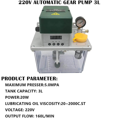 Electric Automatic Lubrication Pump 220V 3L Gear Pump For Machine Tools Printing And Textiles Self Priming High Volume 20 to 2000 CST