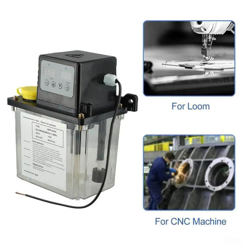 Automatic Lubricating Oil Pump With Alloy Gear Pump For CNC Machines 110V, display panel, transparent reservoir, industrial lubrication.