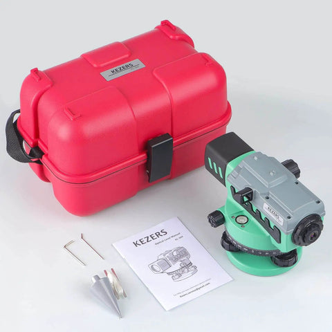 Professional automatic optical level with 36x magnification and 36mm aperture, shown with red carrying case and manual.