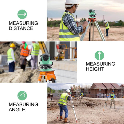 Professional automatic optical level with 36x magnification used on construction sites for measuring height, distance, and angle.