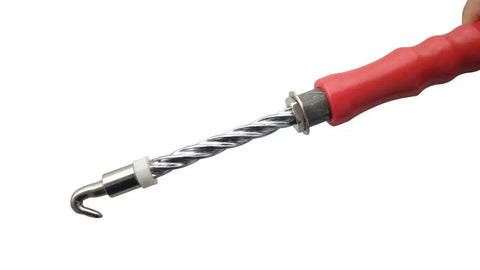 Close-up of Heavy Duty Automatic Rebar Wire Twister Tool with Galvanized Steel Construction, rubber handle, and red finish.