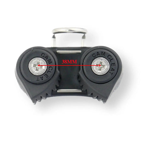 Front view: marine rope management cleat with dual cam-cleats, black nylon body.