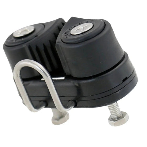 Close-up of black nylon rope management clamp with metal U-clip and bolt