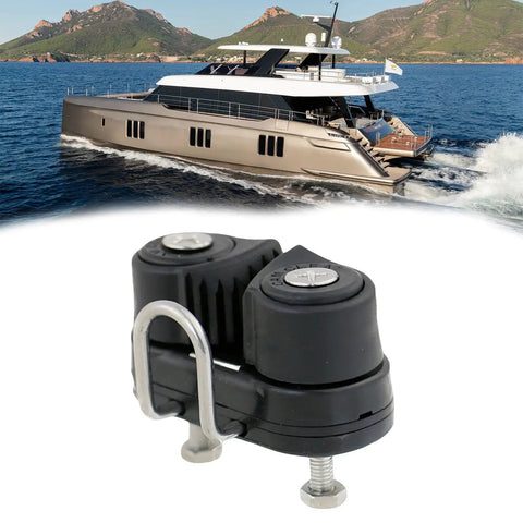 Close-up of marine rope management clamp by Amazon with nylon components and metal U-bolt