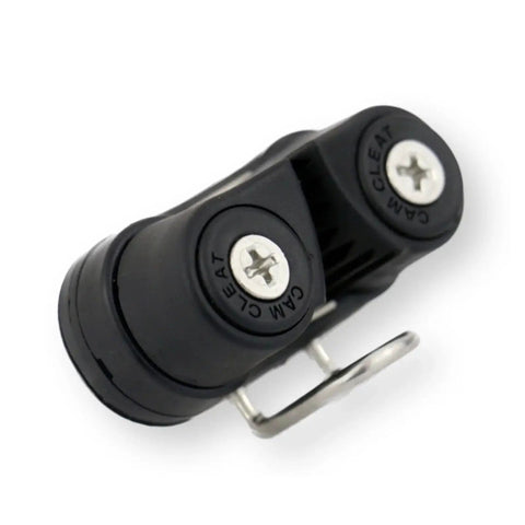Rope cleat clamp, marine-grade black nylon body with dual screw caps and metal U-clip