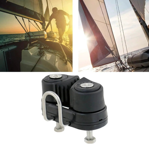 Close-up of a black nylon marine-grade rope management clamp with metal U-bracket and mounting bolt