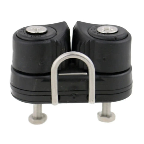 Dual-sheave rope management clamp in black plastic with metal U-bracket and screws.