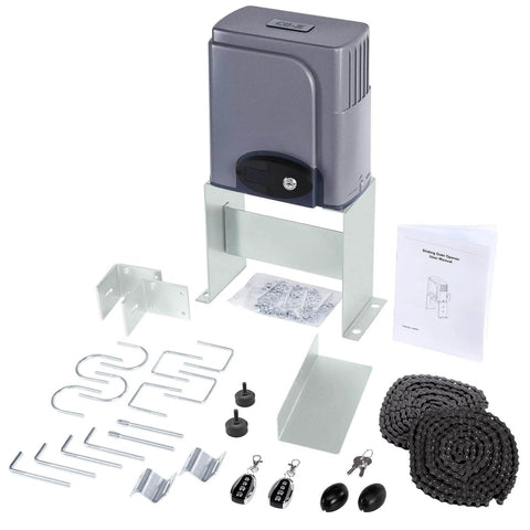 Automatic Sliding Gate Opener with Safety Sensor 280W Motor Kit for Driveway Gates up to 1400lb and 20ft driven chain, components laid out